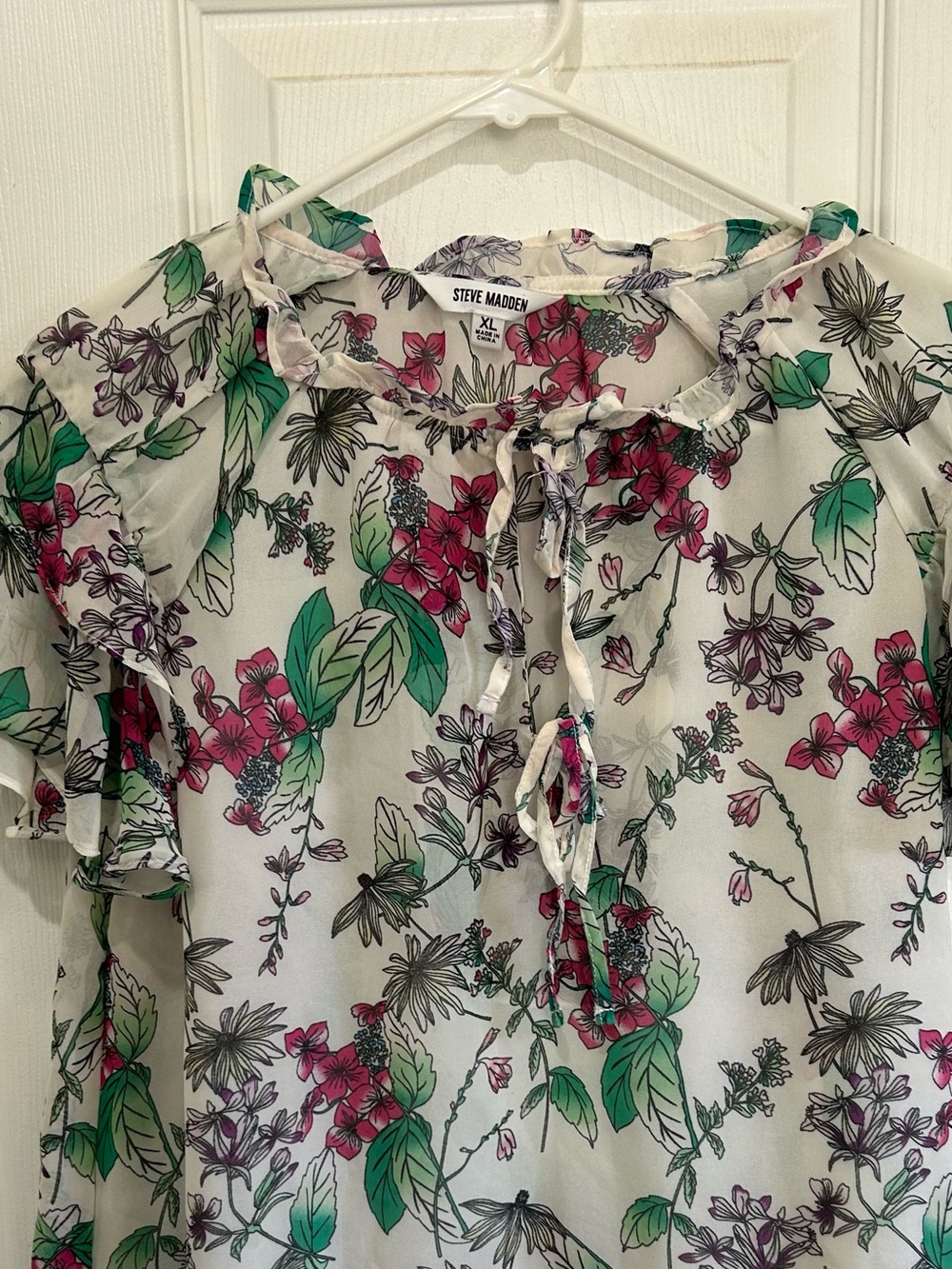 Steve Madden Cream Floral Tie-Neck Blouse with Pink & Green Accents. NWOT